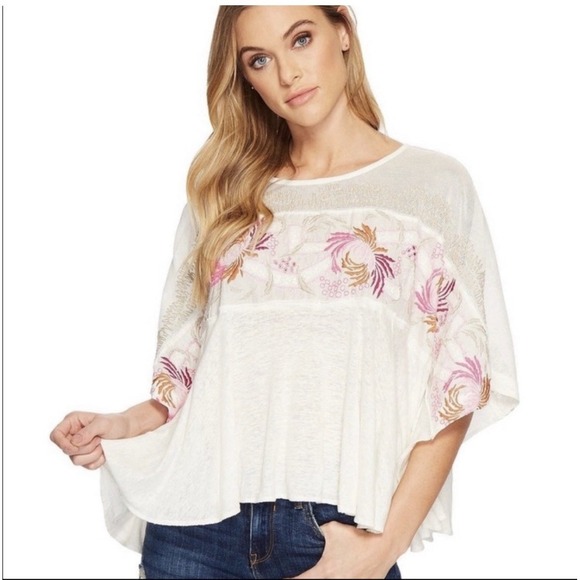 Free People Tops - Free People Love Letter Embroidered Top Women's Size CS Oversized Boho Ivory
